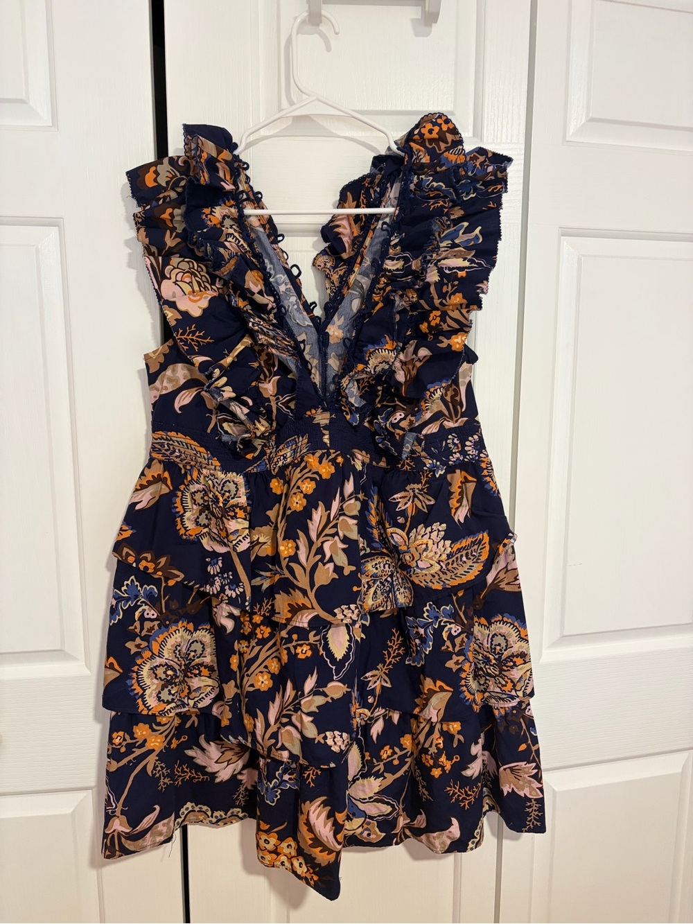 Anthropologie Navy Mini Dress with Mustard and Blush Floral Print